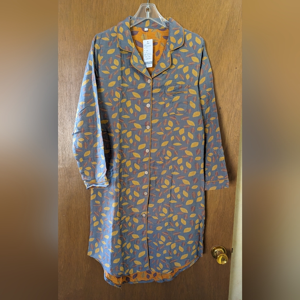 Leaf Patterned Long Sleep Shirt Yellow Gold And Gray, Ladies Large